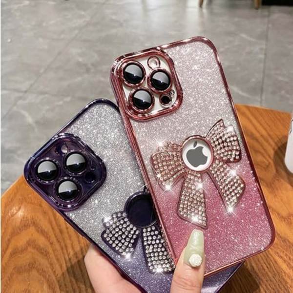 Klar rosa gradient-etui med sløyfe, glitter, rhinestones og bling-belegg, luksuriøst mobildeksel for kvinner og jenter, skinnende diamantdeksel for iP