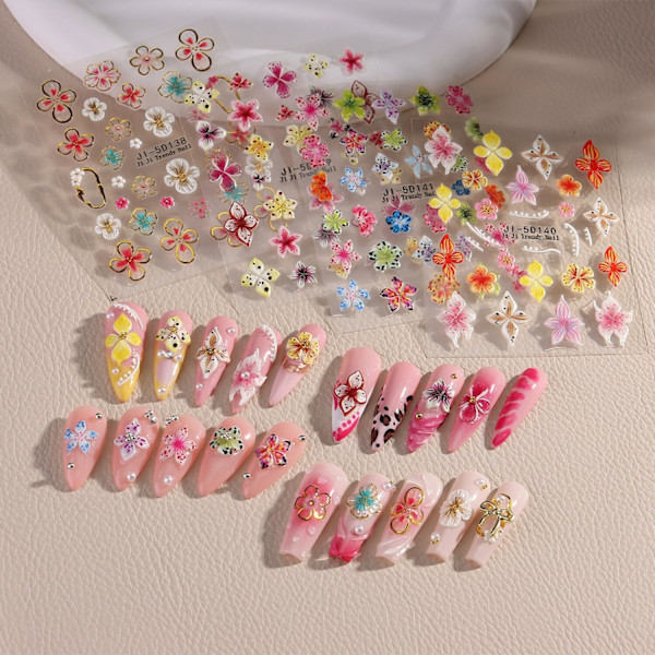 4 ark Nagelstickers Självhäftande Nagelstickers Färgglada 3D Blommor Floral Nagelstickers Konstdesign Tillbehör Hög Kvalitet