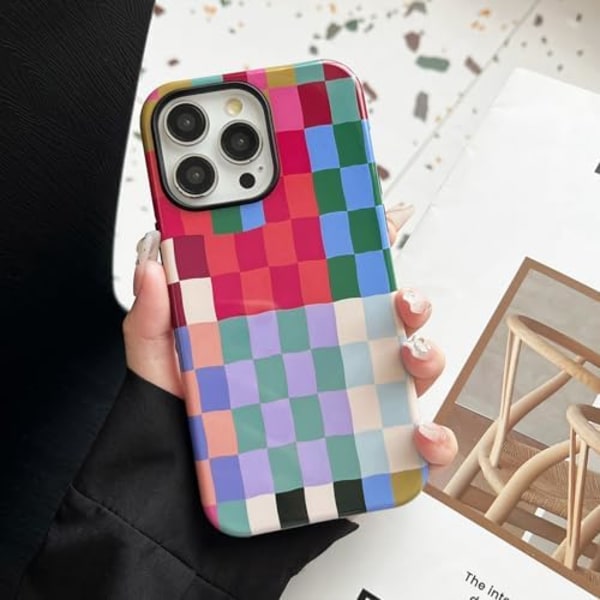 Fodral för iPhone 15 Pro, Sött Färgglatt Rutigt Stötsäkert Smalt Mjukt TPU och Hårdt PC Skyddande Fodral Kompatibelt med