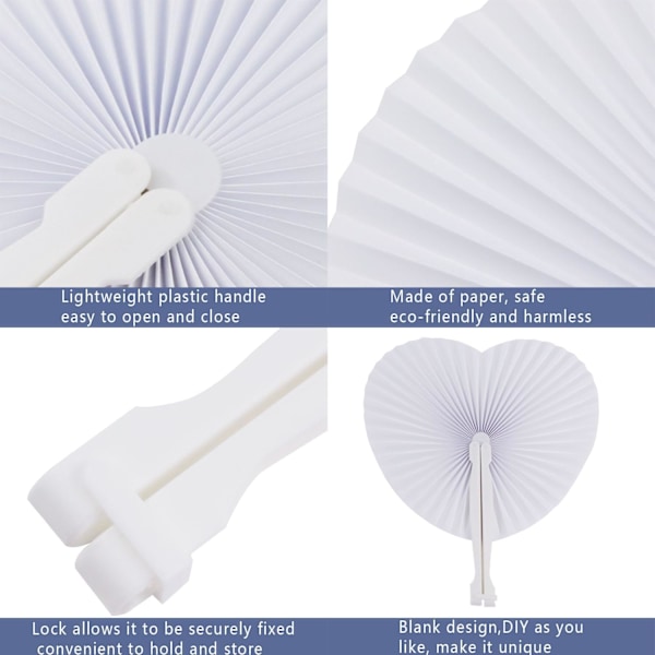 20 stk Hjerteformede Papirvifter til Bryllup Lommefoldbare Papirvifter med Plastgrep Hvite Blanke Vifter for Gjest Cele