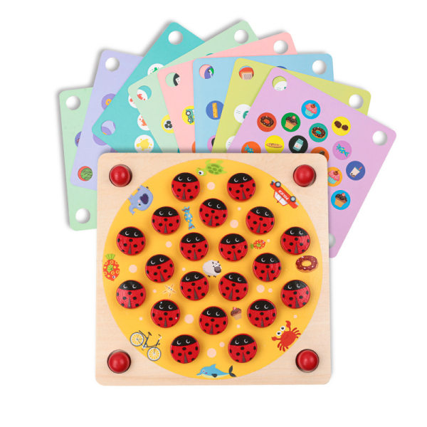 Leppäkerttupuutarhan muistipeli – Opetuspuinen peli 3-, 4- ja 5-vuotiaille lapsille – 8 koristetta –