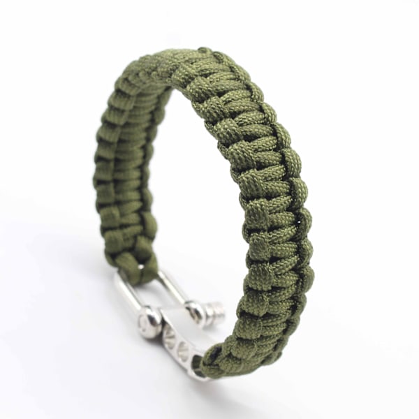 Herre Paracord Overlevelsesarmbånd Vevd Utendørs Armbånd med Rustfritt Stål Lukking Army Green