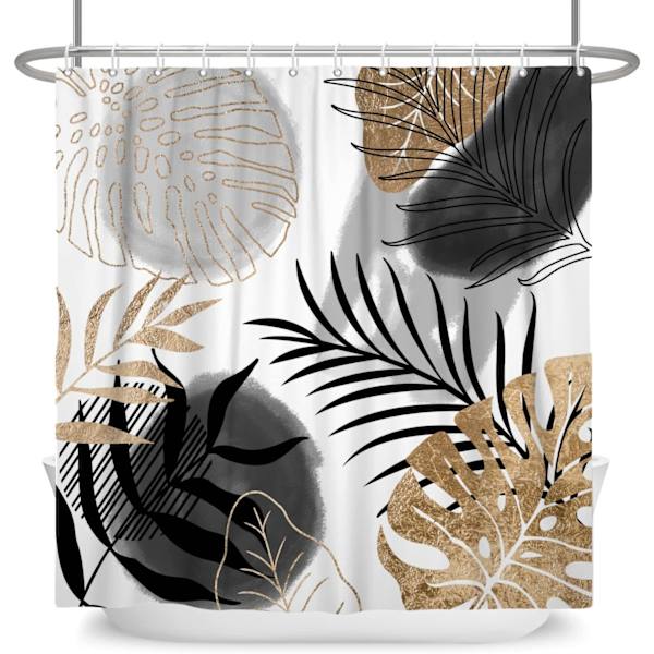 Duschdraperi Set med Abstrakta Växtblad, 150x180cm, Svart Guld Monstera Blad Badrumsdraperi Tvättsbart Abstrakt Tropiskt