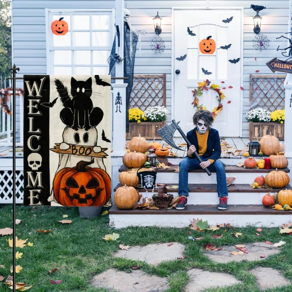 Halloween-banneri, kaksipuolinen puutarhalippu 30x45cm Pelottava kissan pumppu