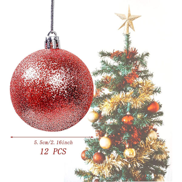Julekuler, 12 stk - Matte og blanke juletrekuler, glitrende, 5,5 cm diameter (Rød)