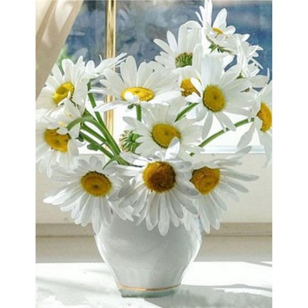 MH-(30x40cm)5d Diy Diamantmaleri Hvite Tusenfryd Vase Keramikk