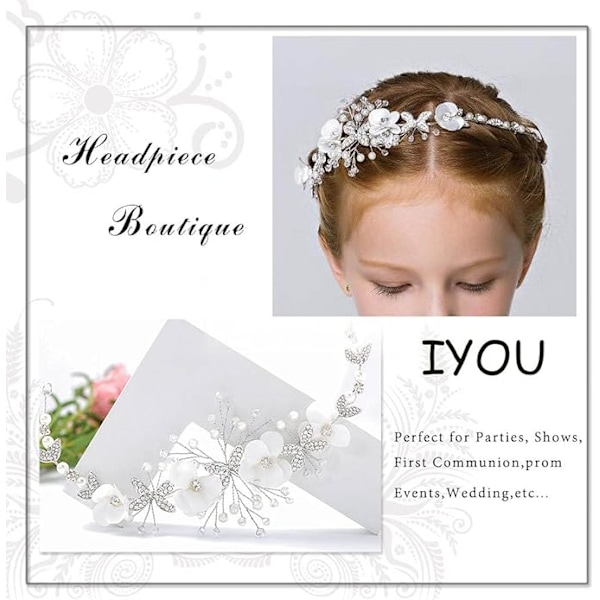 Diadem med hvite blomster, perler og krystaller, brud, prinsesse