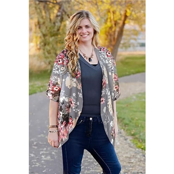 Kvinnors blommiga tryck puffärm, mörkgrå XXL storlek Kimono Cardigan Lös omslag Casual toppar