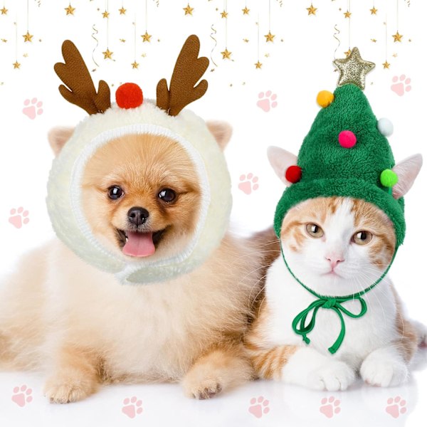 2 st Grön Tomte Hundhatt Renväggshundkostym Julhatt för Katter Renväggsvalp Hundkeps Justerbar Julgran H
