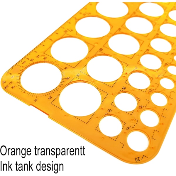 Sirkelmal i plast med 36 sirkler, sirkelformet linjal for tegning, måling og design, stålnett for tegning (oransje)