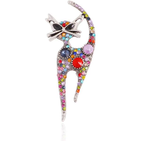 Rhinestone Cat Brosch Pin för Kvinnor Flickor Silverpläterad Mode Söta Färgglada Kristaller Ani