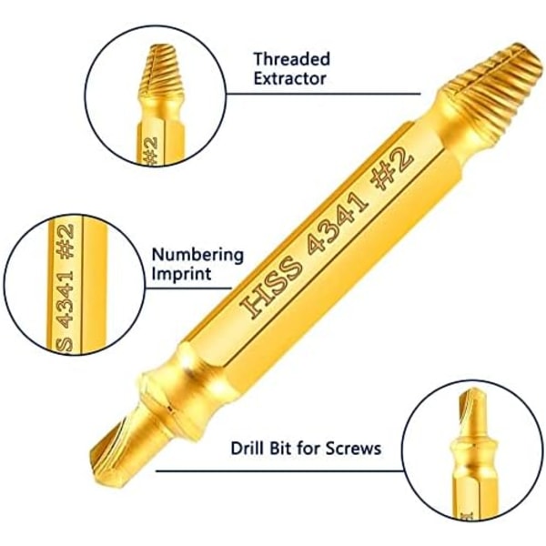 6 stk gullbelagt titan skadet skrueuttrekkersett, DIY hånd t