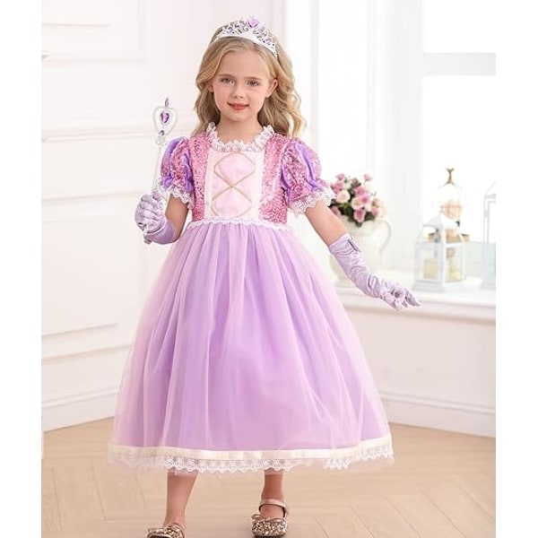 1 set flickor långt hår prinsessa kostym barn klänning upp lila kläder födelsedag Height 110CM
