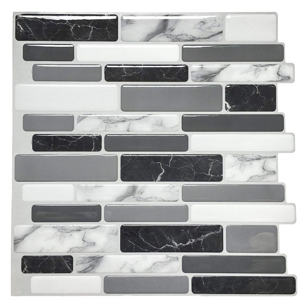 Art3d 5 stykker, sorte og grå selvklæbende fliser med marmormønster, mosaikeffekt vinyl køkkensplader