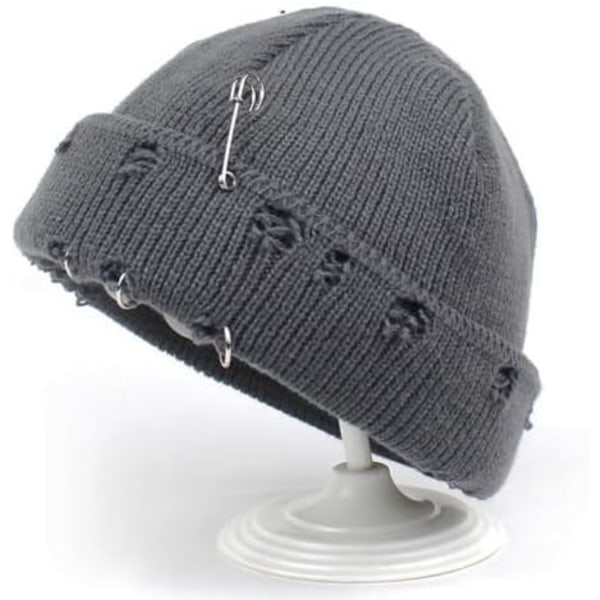 Distressed Ring Beaniehatt Unisex Mote Hip-hop Slouchy Strikket Skallehette