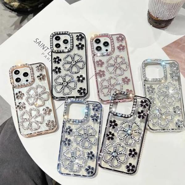 Söt Glitter Bling 3D Diamantblomma med Lyxig Rhinestone Blommig Kvinnor Flickor och Glittrande Blank Slank Stötsäker Fodral för