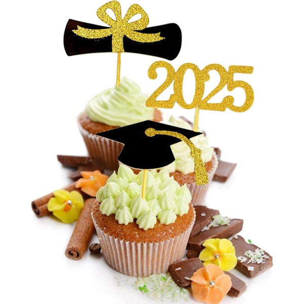 2025 Valmistujais Cupcake Koristeet, 60 KPL Ruoka/Alkuruoka Tikkuja Valmistujaisjuhliin Mini Kakku Koristeet, Diploma, 2025, Valmistujaislakki Setti 48 Kappaletta (01 Gol