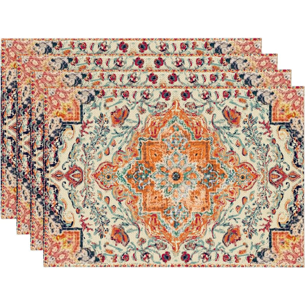 Artoid Mode Boho -tablettien setti, 4 kpl, päivittäiseen käyttöön oranssi sinivihreä kukkakuvioinen boheemi pöytämatto kotiin juhliin ruokailukoristeeksi 30x45 cm