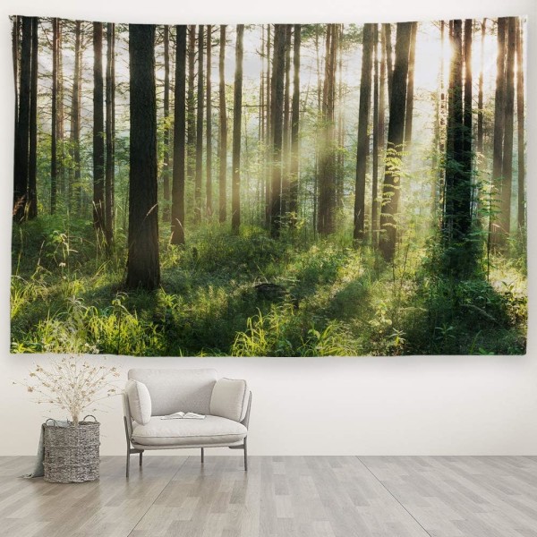 (70cmx100cm)Sunshine Forest Tapestry Morgensol gennem træer Wa