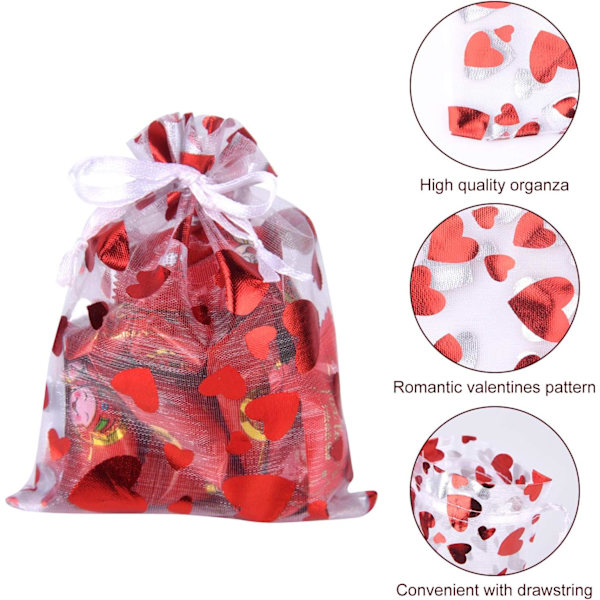 （13x18cm）120 kpl Ystävänpäivälahjapusseja Rakkaussydän Organza-pusseja Pakkaamiseen Nyöripusseja J