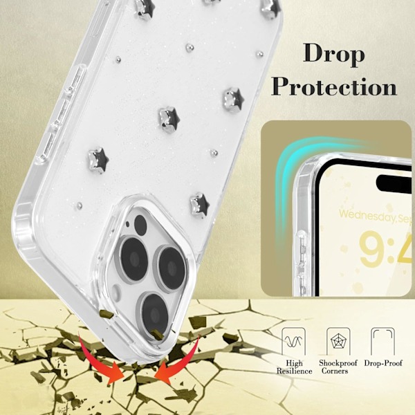 Etui til iPhone 16 Pro Max, Bling Glitter 3D Stjerner Telefon Etui Sødt Glitrende Krystalklart Stjerne Æstetisk Design Etui Slankt Blødt Holdbart TPU Gennemsigtigt