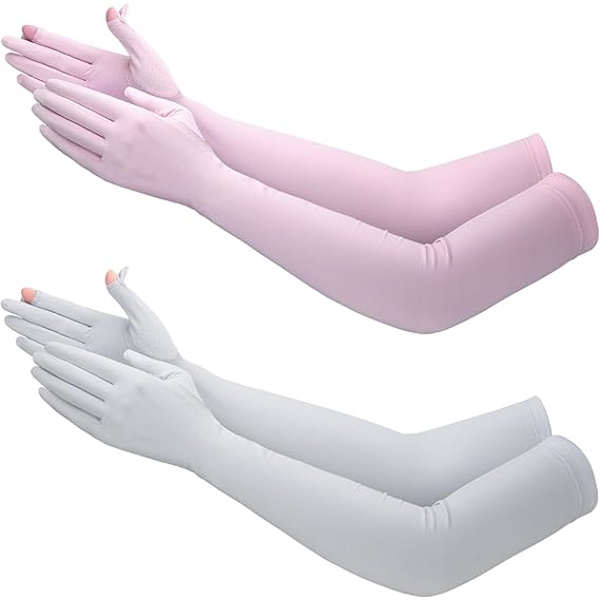 2 Par Anti-UV Lange Solbeskyttelseshandsker Kvinder Solkørselshandsker Skridsikker Fuld F Pink and Gray