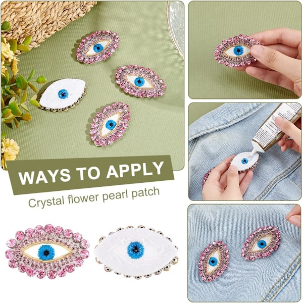 4 stk Øye-Perlelapper for Klær, Ondt Øye Lapp Rosa Rhinestone Perlebrodert Sy-på Applikasjon Motiv Applikasjon Merke for DIY
