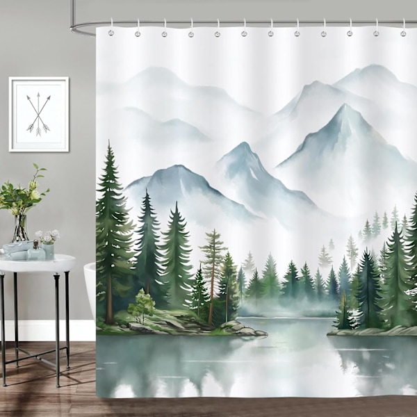 Misty Forest Bruseforhæng Grønt Akvarel Bjerg Sø Badeforhæng Polyester Stof Anti-Skimmel Vandtæt Vaskbart Badeværelsesforhæng 180 x 180 cm w