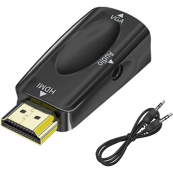 HDMI till VGA-adapter, hane till hona med 3,5 mm ljudkabel kompatibel med skärm/bärbar dator/dator/PC/P