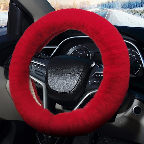 (Röd) Fluffy Rattmuff Skydd Päls Bil Rattmuff Skydd，Fu