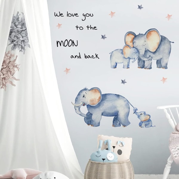 1 pcs  Elephant with Mom Wall Stickers, Warm We Love You Wall Quotes Decals, Elephant Star Cartoon Wall Decors, Removabl