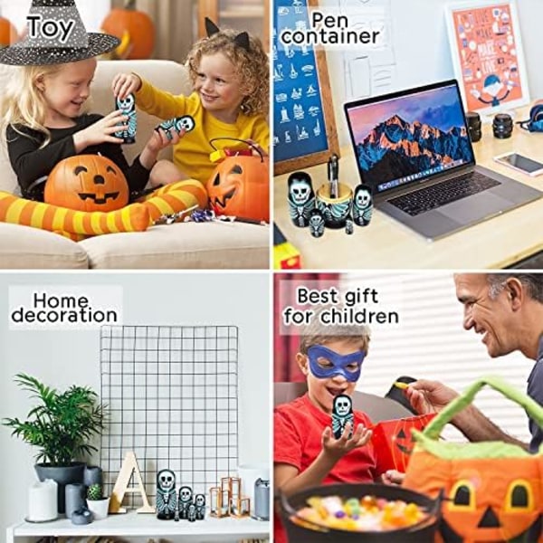 Halloween-teemaset Nesting Dolls - Käsintehty Kalloluuranko Pinottavat Nukkepuut - Venäläiset Matryoshka-lelut Lapsille ja Taaperoille Jouluksi