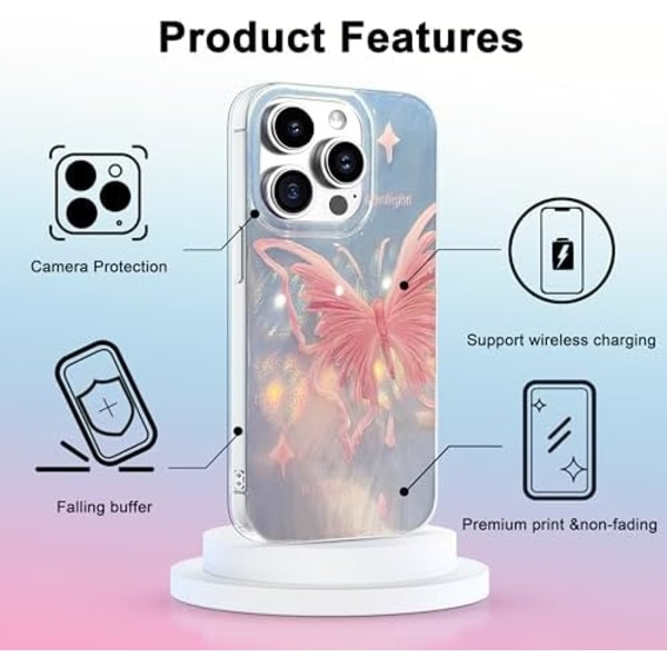 Fodral för iPhone 14 Pro Max Rosa Fjärilsdesign, Söt Trendig Mjuk Slank TPU Stötsäker Skyddande Telefonfodral för W