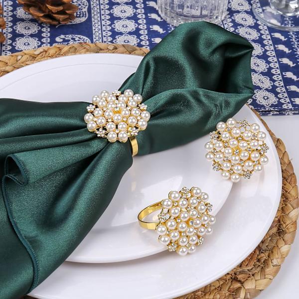 Set med 12 elegante perlenapkinringer, serviettholderring metallspenner for borddekorasjon