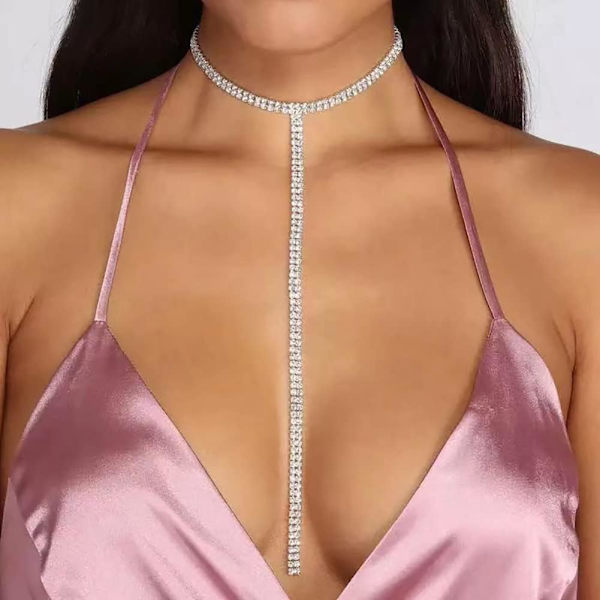 Rhinestone Silver Crystal Tennis Chain Multi Row Lang Halskjede