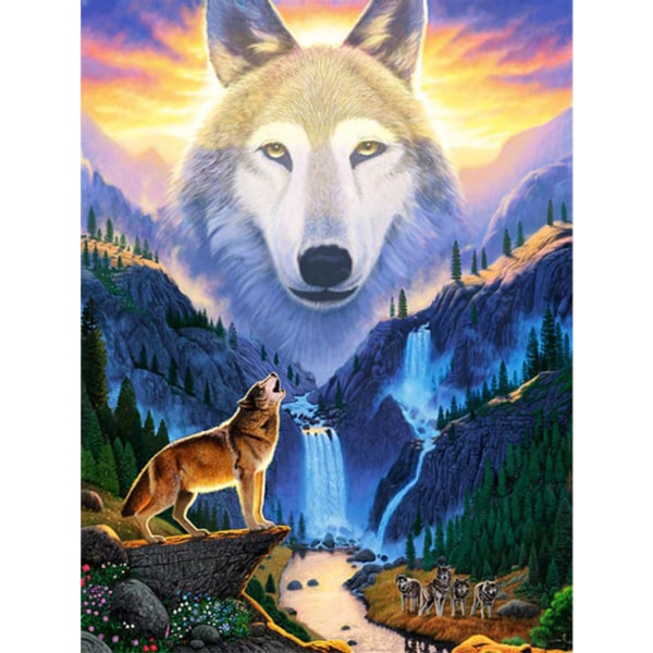 30 × 40 Diamantmaleri af den brølende ulv på bjergtoppen
