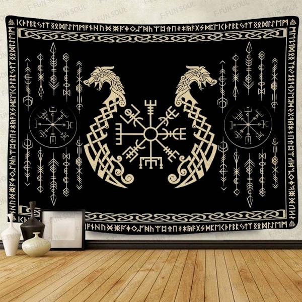 Nordiska Vikingar Gobeläng, Stor 152x102cm Mjuk Flanell, Vegvisir Symbol Tvillingdrakar Keltisk Runskrift Skandinavisk Estetik Mytologi Gobeläng Väggbonad