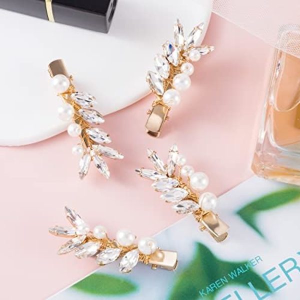 4 stk. Gull Alligator Hårklipp Rhinestone Krystall Perle Bryllup Barrettes Bling Brud Hårnåler Hårtilbehør for Kvinner