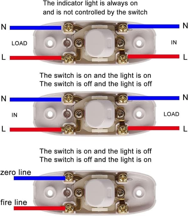 4-pakning inline ledningsbryter på/av-knapp 10A 250V inline strømbryter med LED-lys (hvit)