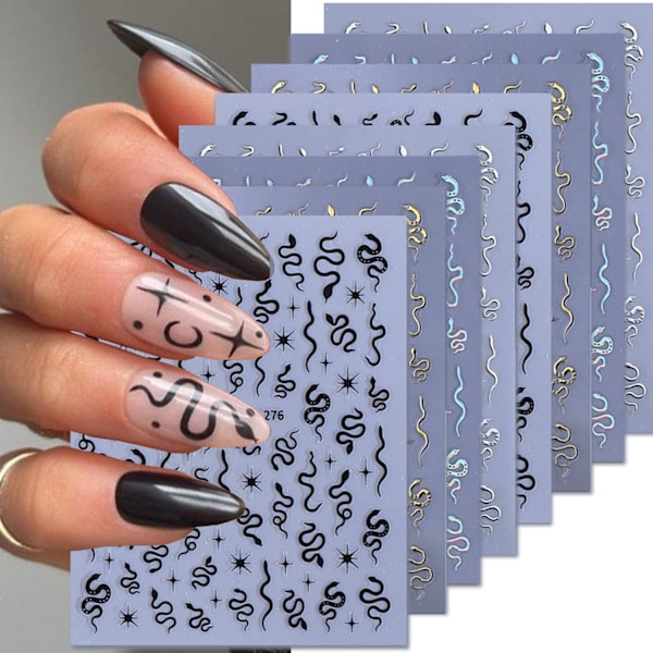 Orm Nagelsticker för Nagelkonst 3D Självhäftande Svart Silver Guld Laser Orm Stjärna Nageldekaler Stjärndesign Nagelkonst Stickers Berlocker för Kvinnor och G