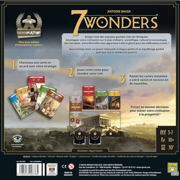 7 Wonders, uusi versio 2020, Unbox Now, lautapeli, 10-vuotiaille ja sitä vanhemmille, 3-7 pelaajalle, 30 minuuttia, F