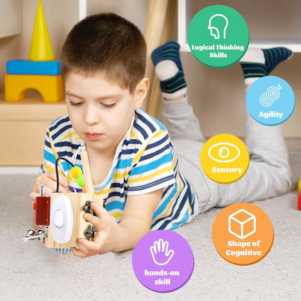 Aktivitetskub i trä med 14 funktioner, Montessori-leksak, aktivitetsbräda i trä