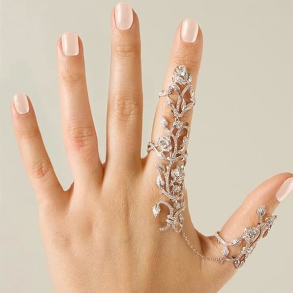 Gotisk Punk Knoke Ring Utskåret Full Finger Ring Slave Chain Index Finger Ring Set Silver