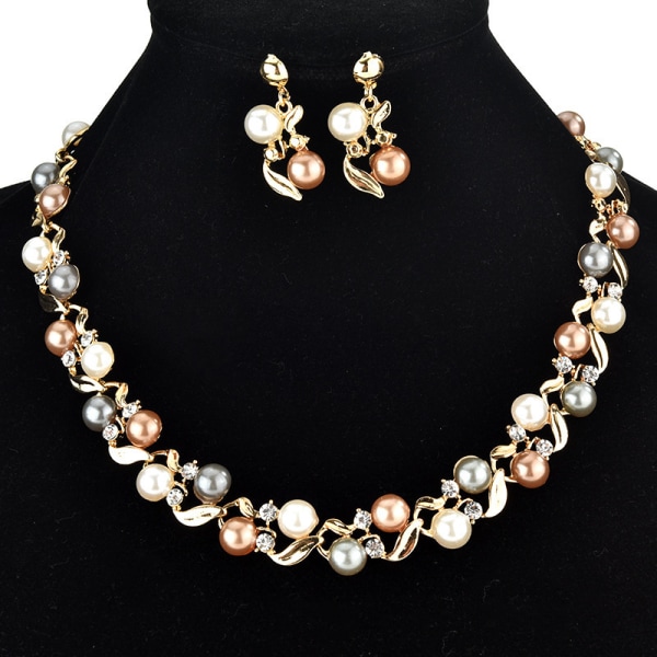 Popular Fashion Multilayer Pearl Rhinestone Necklace Earring