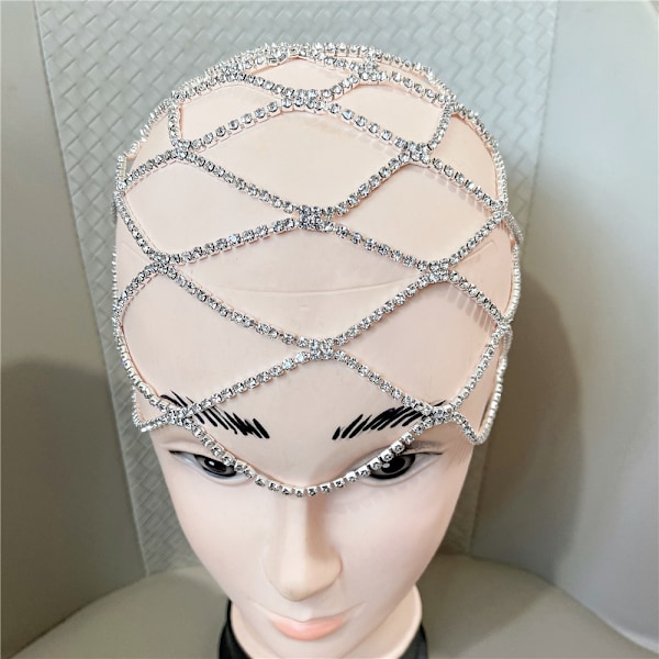 Rhinestone Mesh Headpiece Cap, Silver Roaring 1920S Belly Dance Crystal Flapper Head Chain Bridal Pa