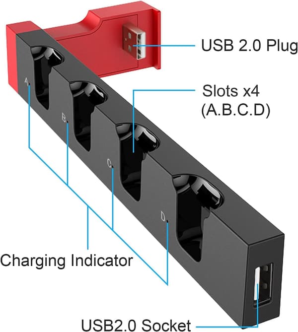 Opladningsstation til Joycon Nintendo Switch & OLED - Oplader op til 4 controllere Black and Red