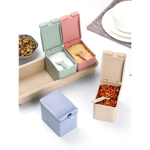 1 sarja läpinäkyviä maustelaatikoita ja -säiliöitä, 25,5 × 10 × 8 cm, kannella ja lusikalla, neliruudukkorakenteinen maustej