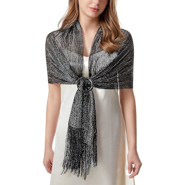 Dame Tassel Sjal til Aften, Fest, Bryllup med Trykknapper Black