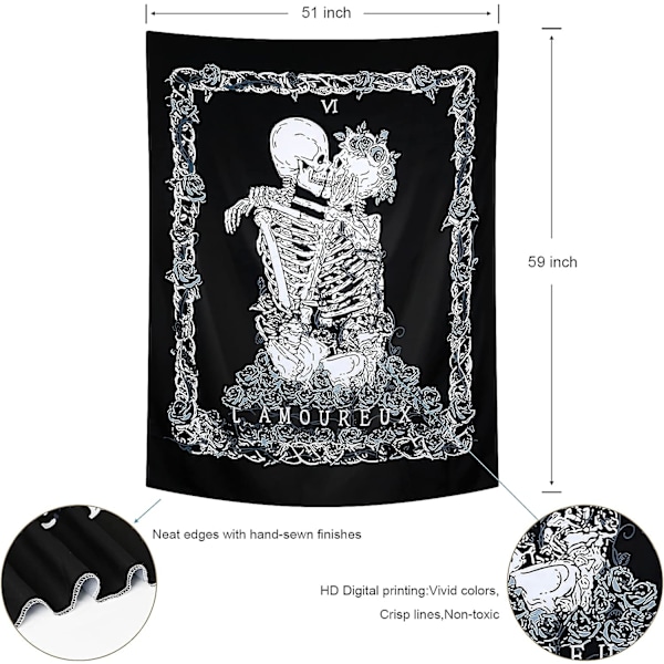 Halloween-kalloverho Kissing Lovers -luurankoverho seinävaate goottilaisella ruusukranssilla H