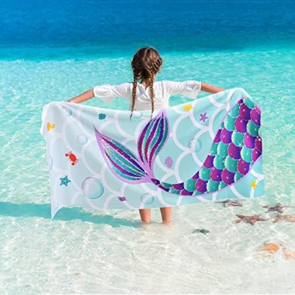 Havfrue Strandhåndkle - 75 x 150cm Havfruehale Polyester Camping Håndklær for Jenter Barn Rasktørkende Ultra Absorberende Super So